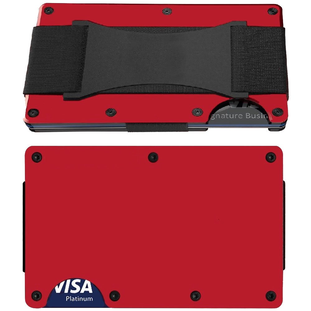 Red RFID Titanium Carbon Fiber Blocking Wallet With Strap
